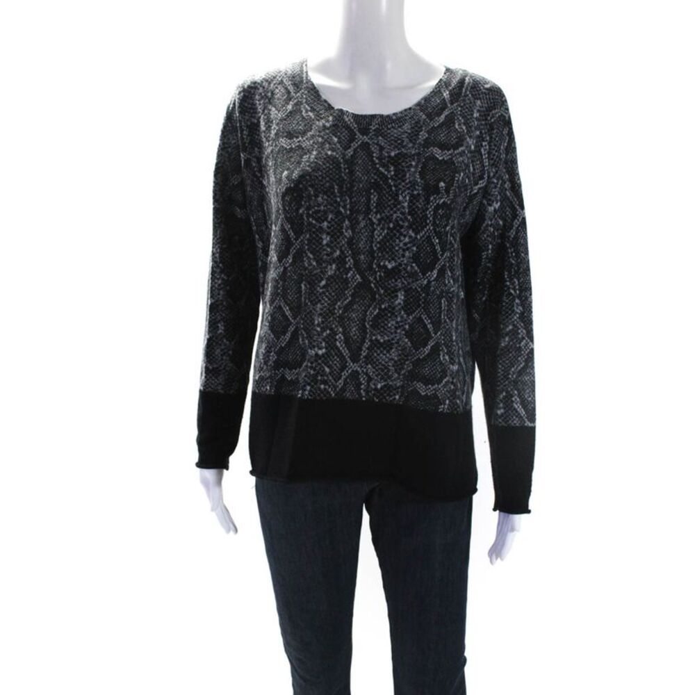 Designer Womens Cashmere Knit Python Print Split Hem Shirt Top Gray Black Size M